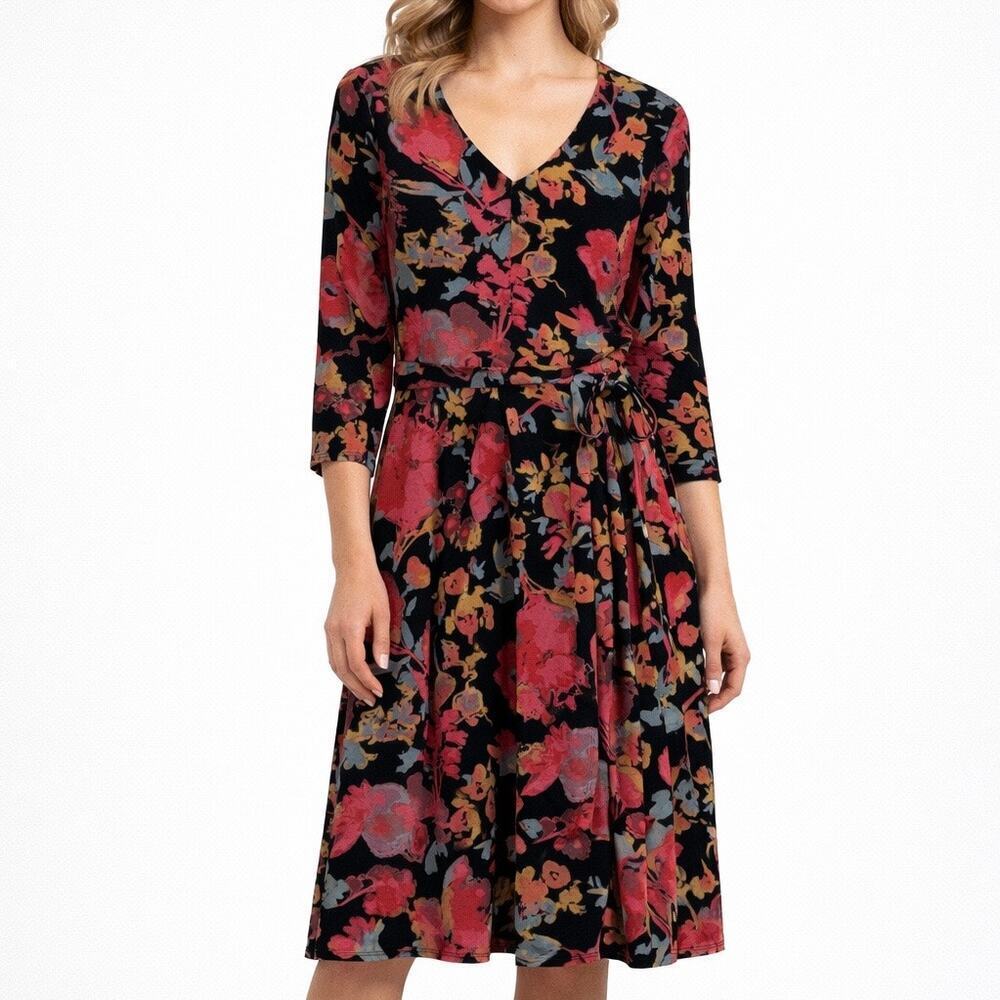 Peruvian Connection Pima Cotton Modal Floral 3/4 Faux Wrap Dress Small